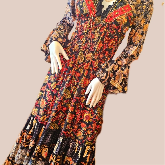 KARMA Hwy Gilded Tiered Ruffle Hem Lg. Dress Red Grn OS NWT - Picture 14 of 15